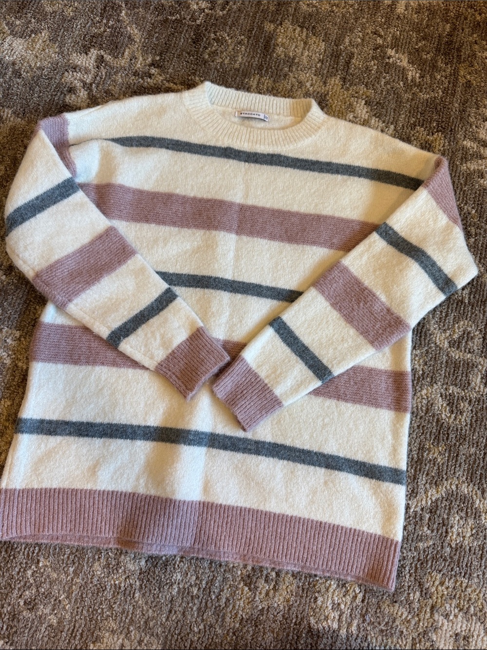 Staccato Cream Crewneck Sweater with Mauve and Charcoal Stripes